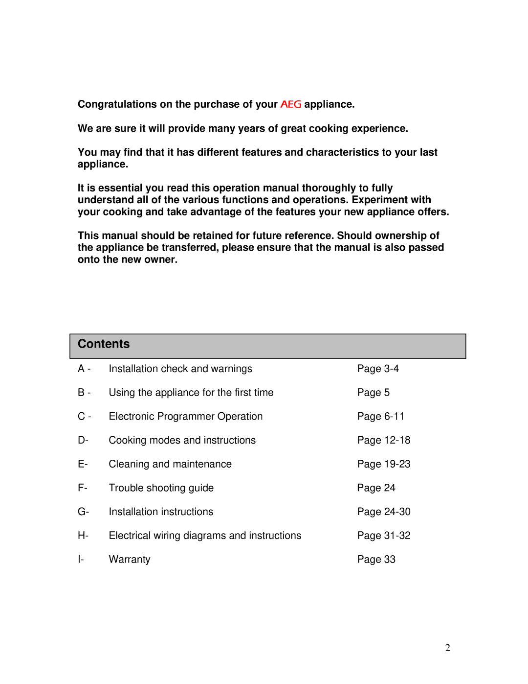 AEG B3007H-L-B user manual Contents 