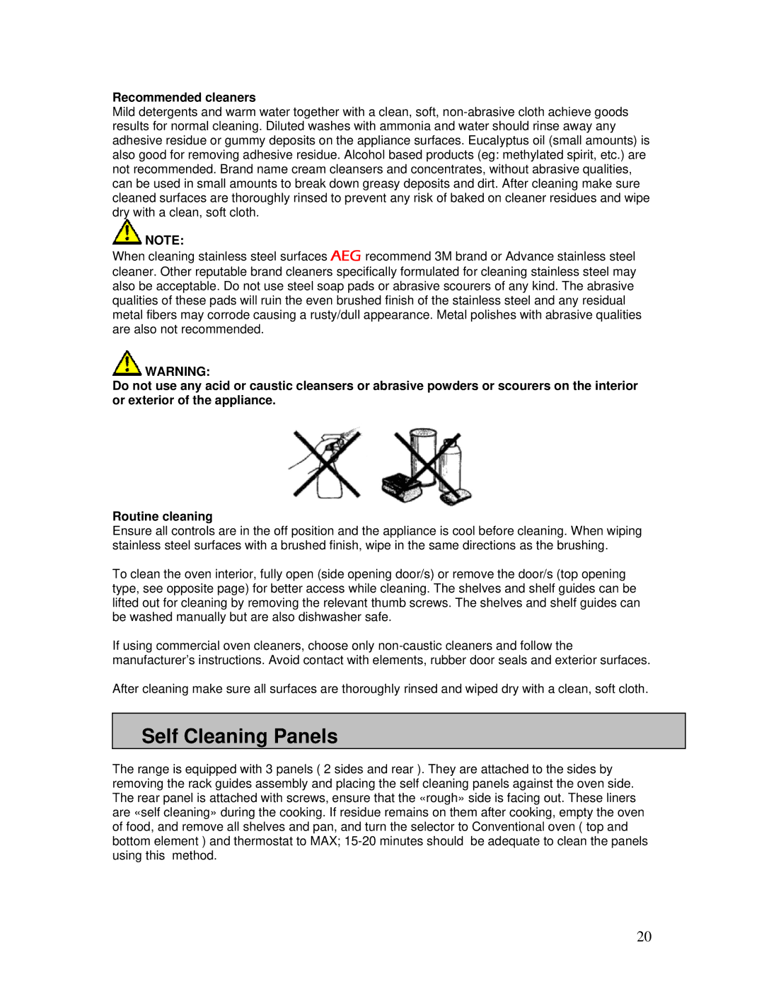 AEG B3007H-L-B user manual Self Cleaning Panels, Recommended cleaners 