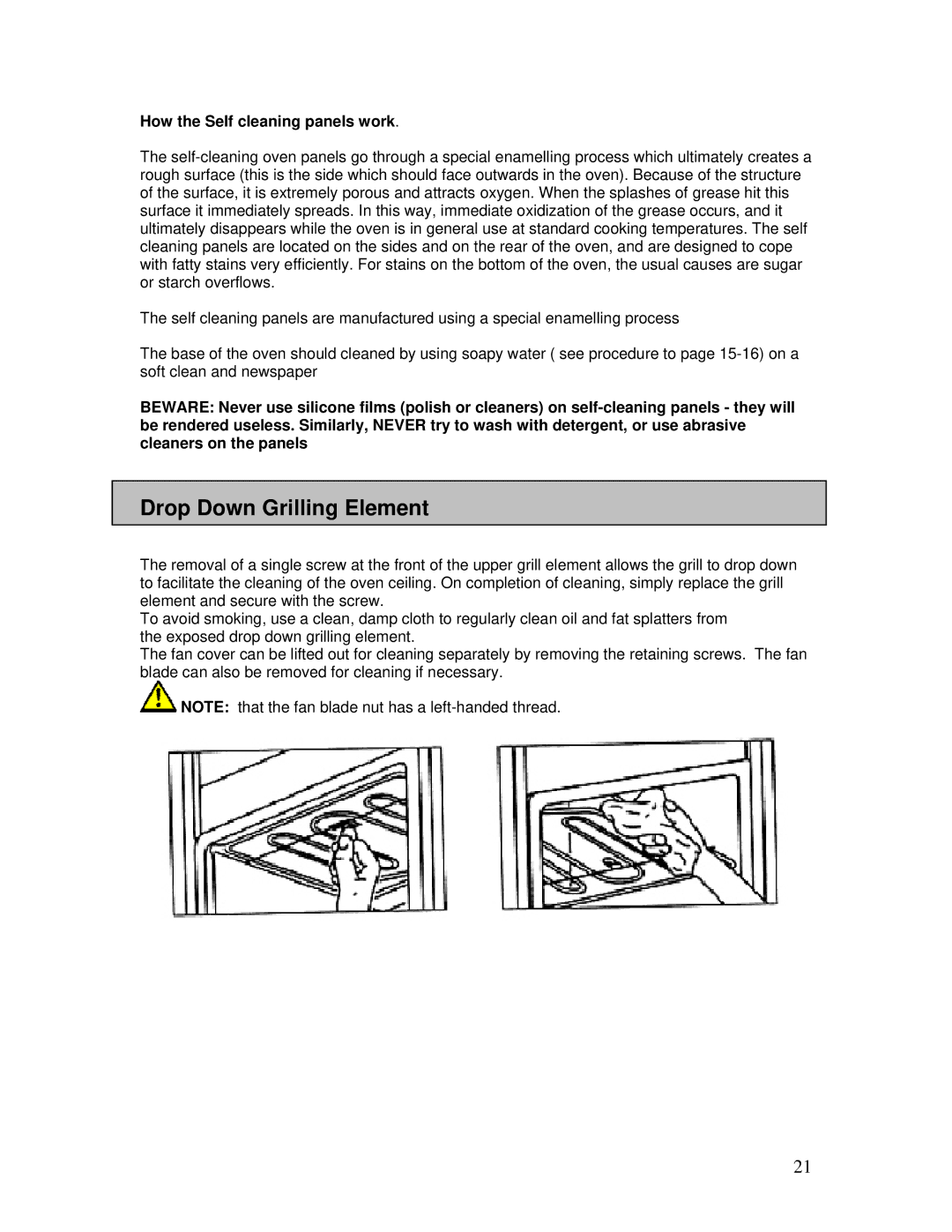 AEG B3007H-L-B user manual Drop Down Grilling Element, How the Self cleaning panels work 