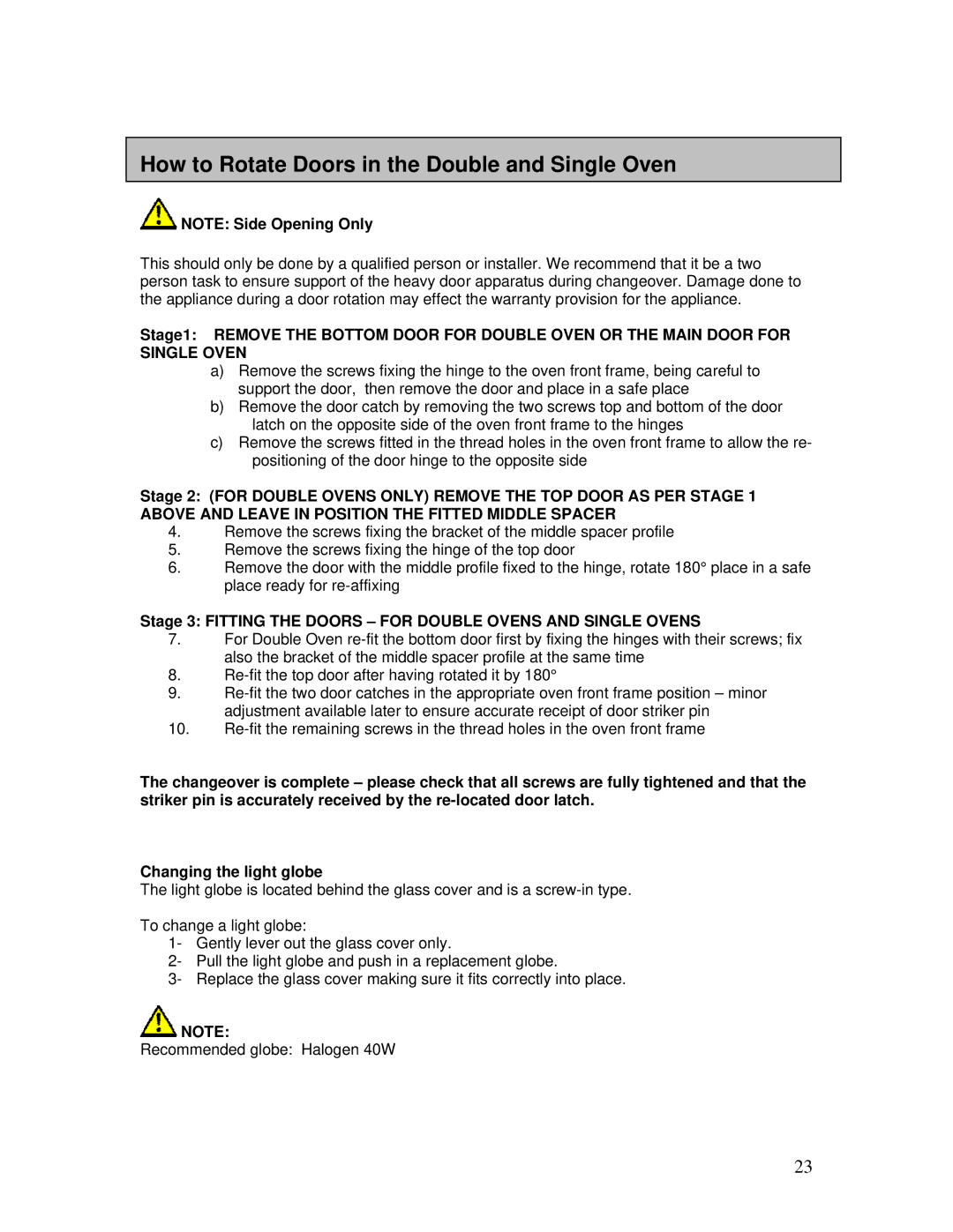 AEG B3007H-L-B user manual How to Rotate Doors in the Double and Single Oven 