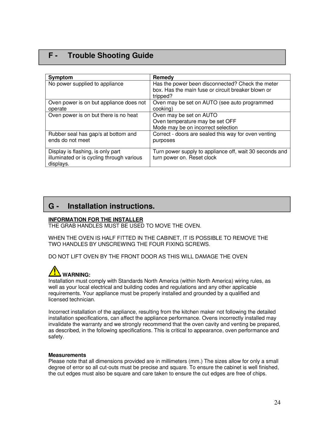 AEG B3007H-L-B user manual Trouble Shooting Guide, Installation instructions, Symptom Remedy, Information for the Installer 