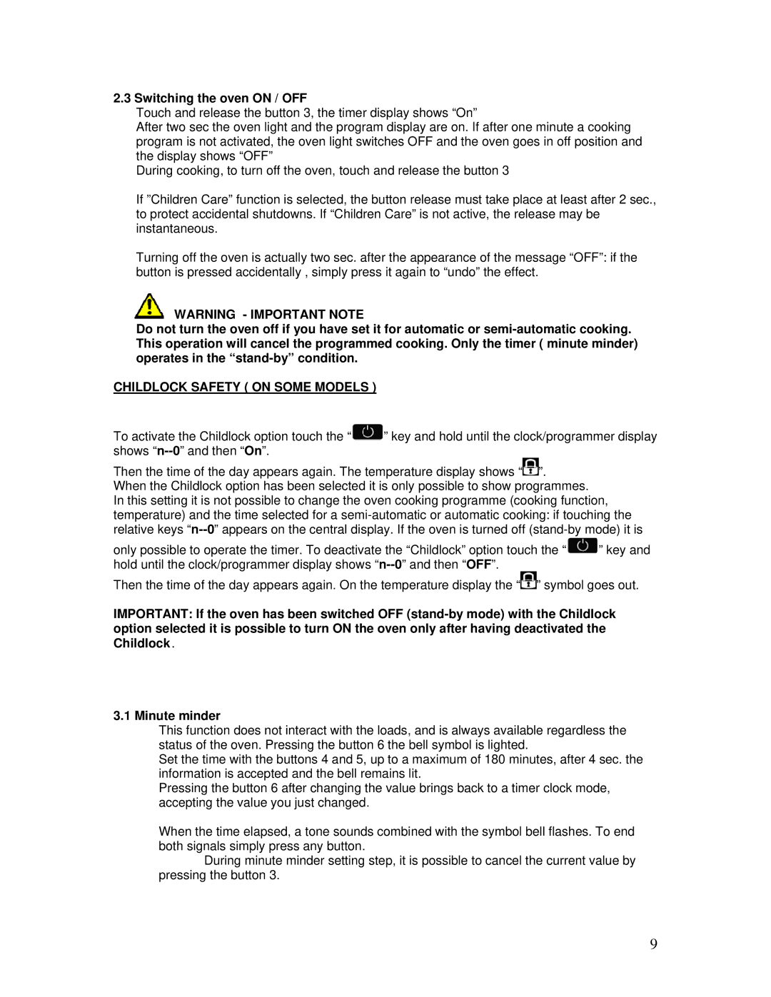 AEG B3007H-L-B user manual Switching the oven on / OFF, Childlock Safety on Some Models 