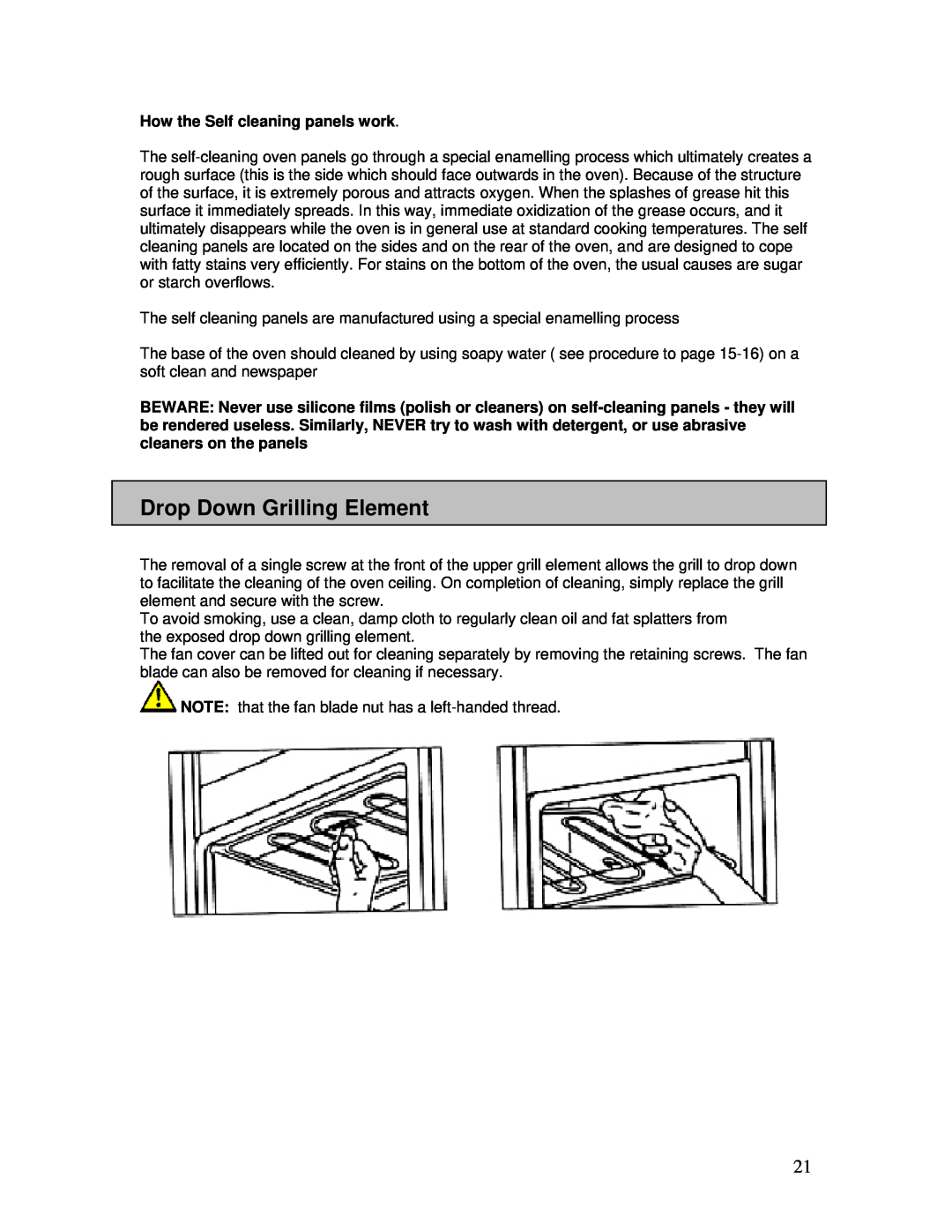 AEG B3007H-L-B user manual Drop Down Grilling Element, How the Self cleaning panels work 