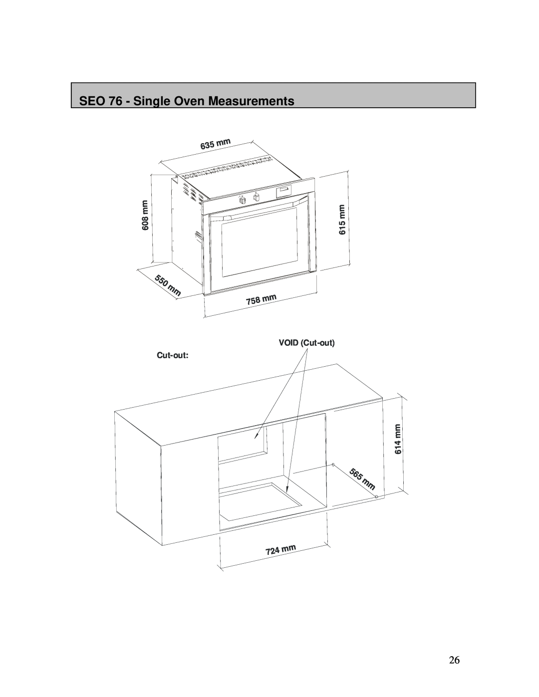 AEG B3007H-L-B user manual SEO 76 - Single Oven Measurements, 5 6 5mm, m m 4, VOID Cut-out 