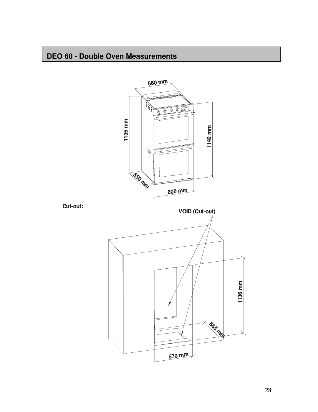 AEG B3007H-L-B user manual DEO 60 - Double Oven Measurements, 5 6 5 m m, 1135 mm, 1140 mm, Cut-out VOID Cut-out 1136 mm 
