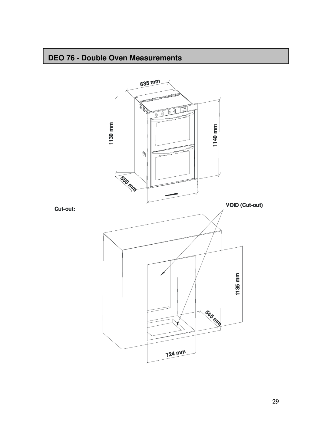 AEG B3007H-L-B DEO 76 - Double Oven Measurements, 5 5 0 m m, 5 6 5 m m, m m 5 3, 635mm 1130 mm, mm VOID Cut-out 