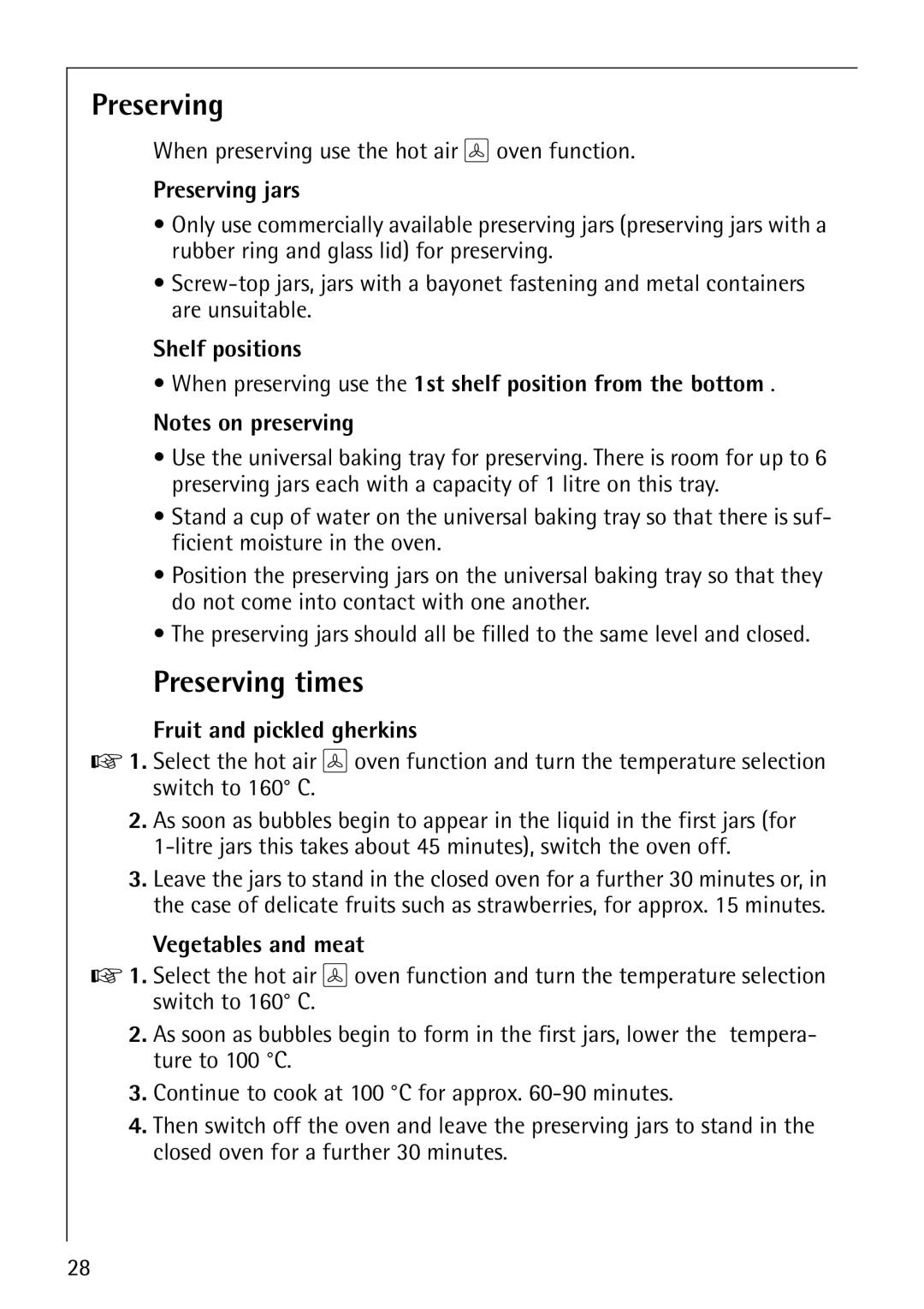 AEG B3040-1 manual Preserving times, Preserving jars, Fruit and pickled gherkins, Vegetables and meat 