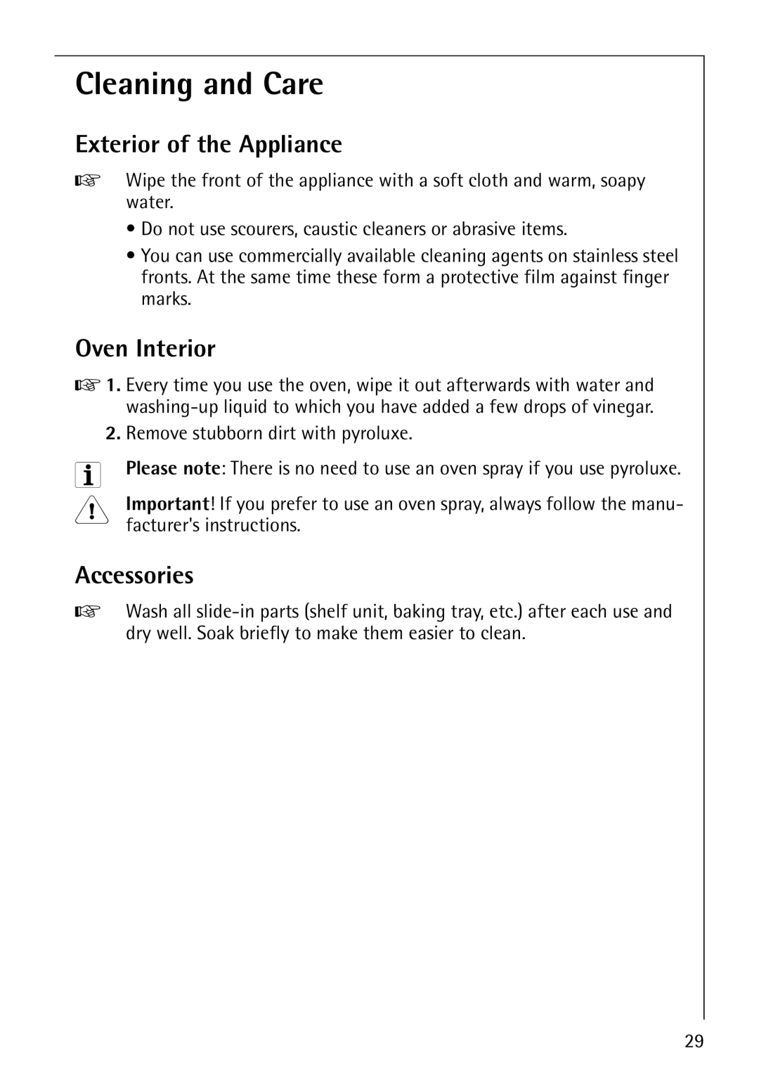 AEG B3040-1 manual Cleaning and Care, Exterior of the Appliance, Oven Interior, Accessories 