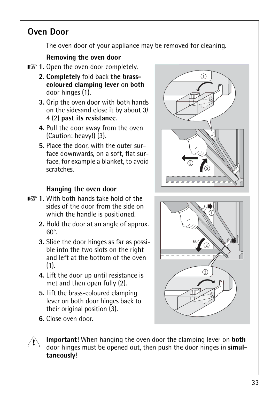 AEG B3040-1 manual Oven Door, Removing the oven door, Hanging the oven door 