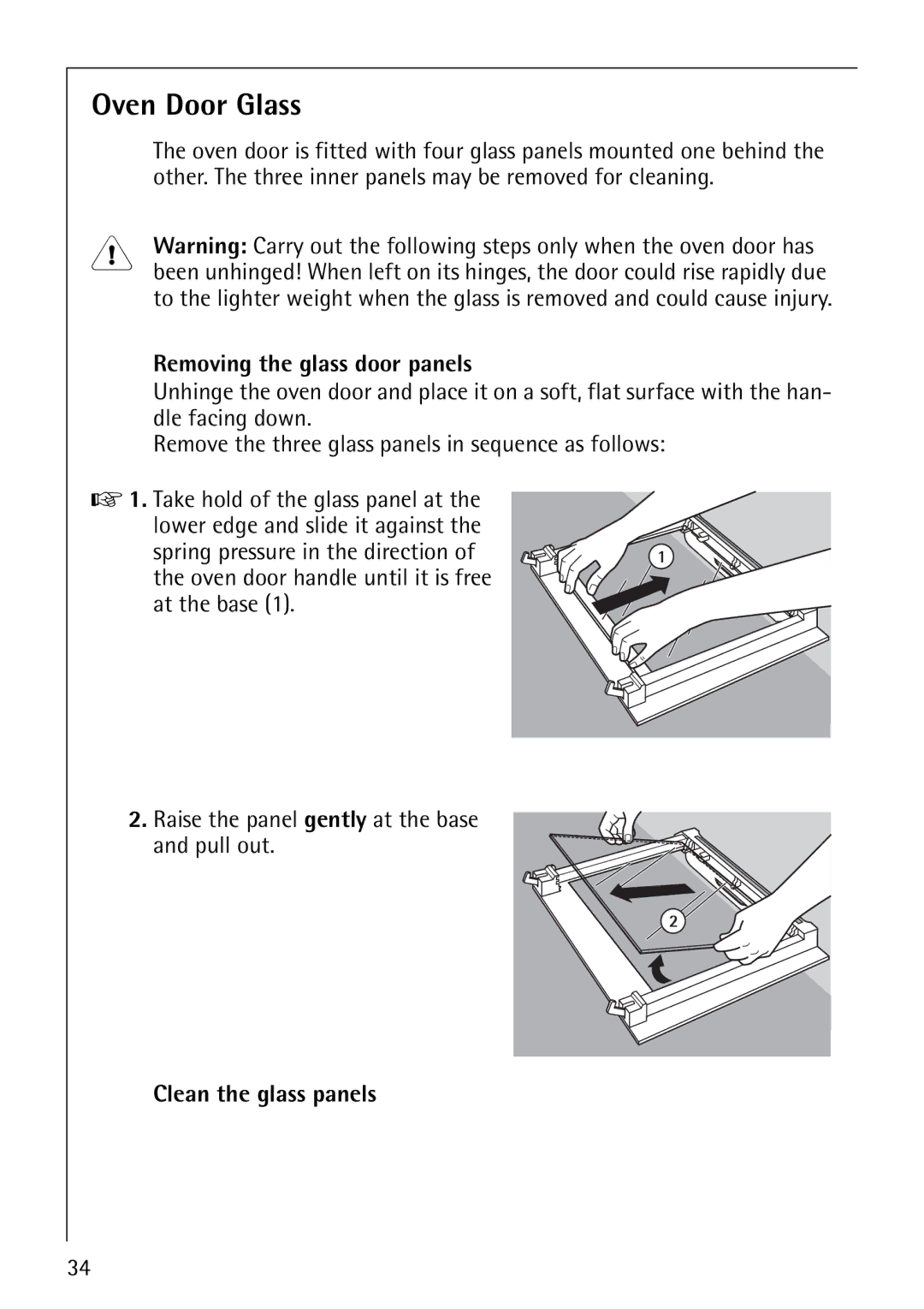 AEG B3040-1 manual Oven Door Glass, Removing the glass door panels, Clean the glass panels 