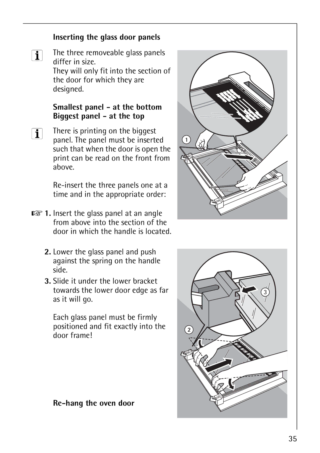 AEG B3040-1 manual Biggest panel at the top, Re-hang the oven door 