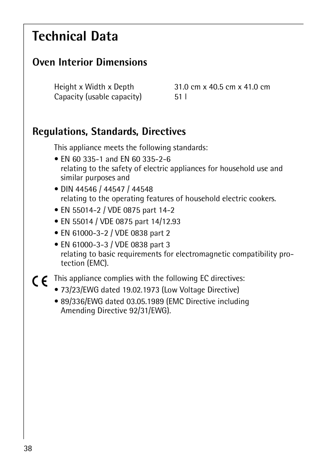 AEG B3040-1 manual Technical Data, Oven Interior Dimensions, Regulations, Standards, Directives 