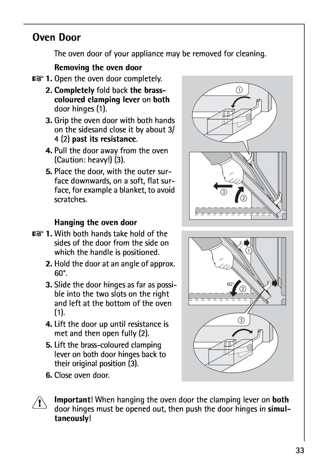 AEG B3040-1 manual Oven Door, Removing the oven door, Hanging the oven door 