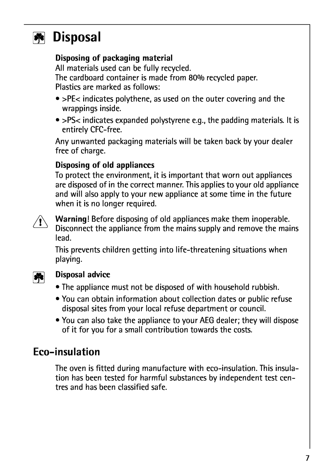 AEG B3040-1 manual 2Disposal, Eco-insulation, Disposing of packaging material, Disposing of old appliances, Disposal advice 