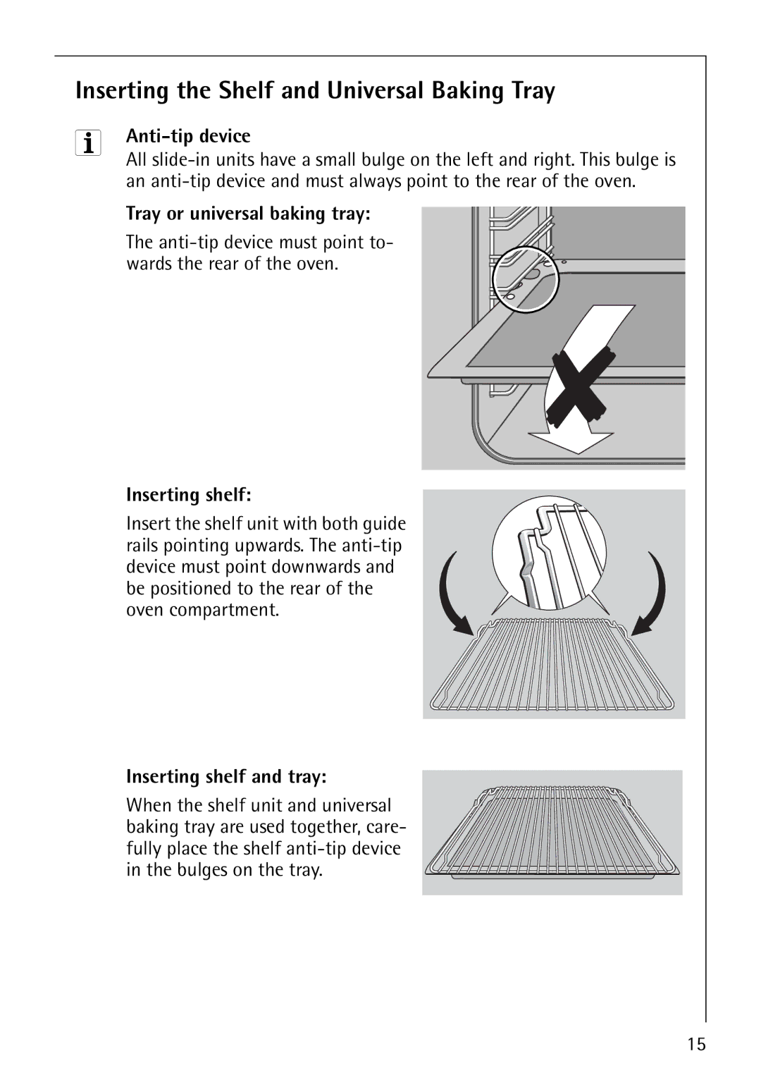 AEG B4130-1 Inserting the Shelf and Universal Baking Tray, Anti-tip device, Tray or universal baking tray, Inserting shelf 