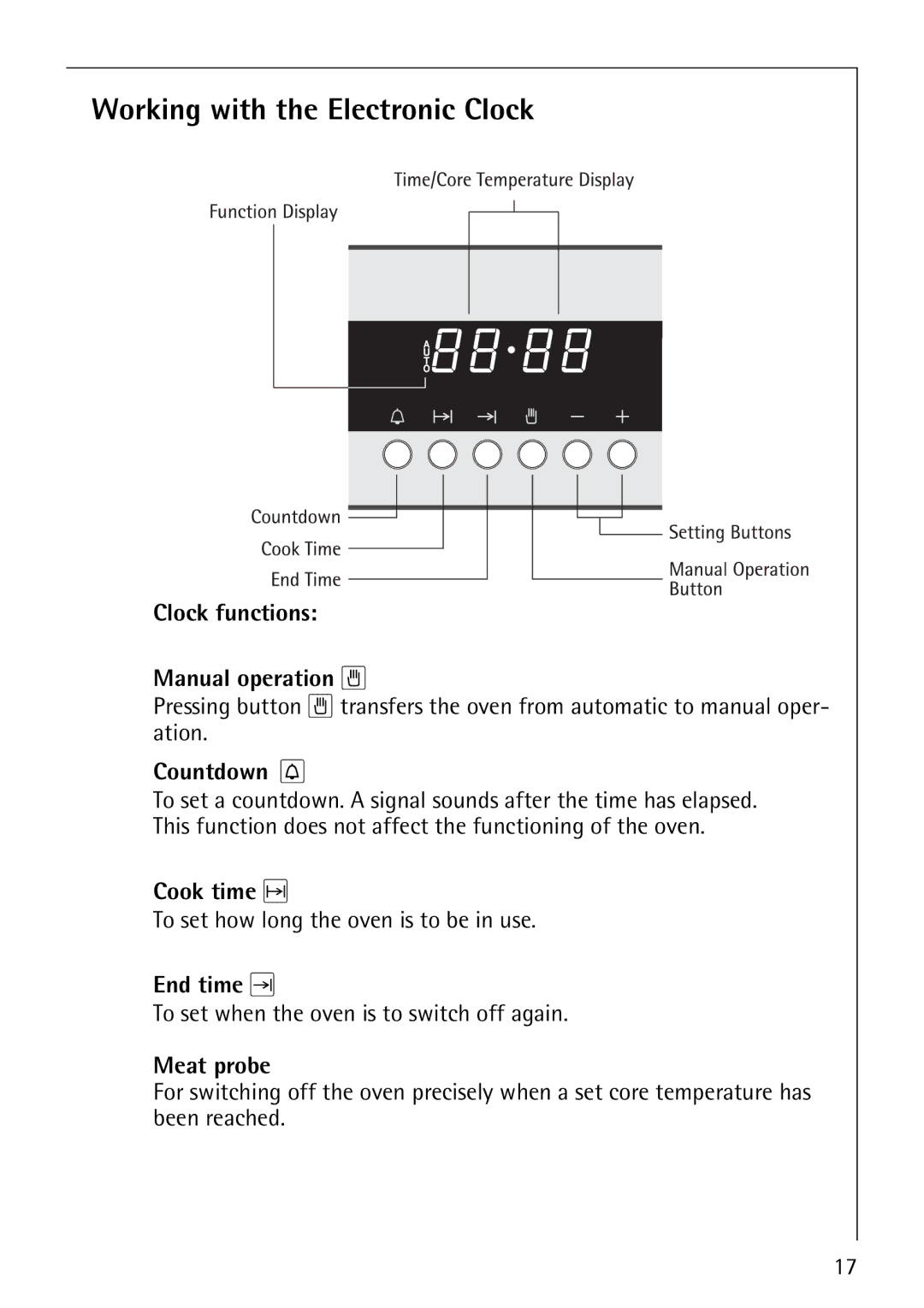 AEG B4130-1 Working with the Electronic Clock, Clock functions Manual operation M, Countdown C, Cook time, End time 