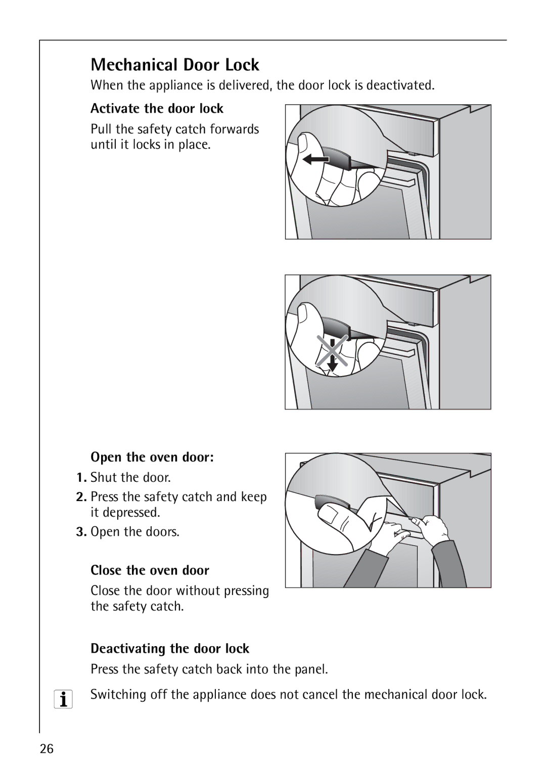 AEG B4130-1 operating instructions Mechanical Door Lock, Activate the door lock, Open the oven door, Close the oven door 