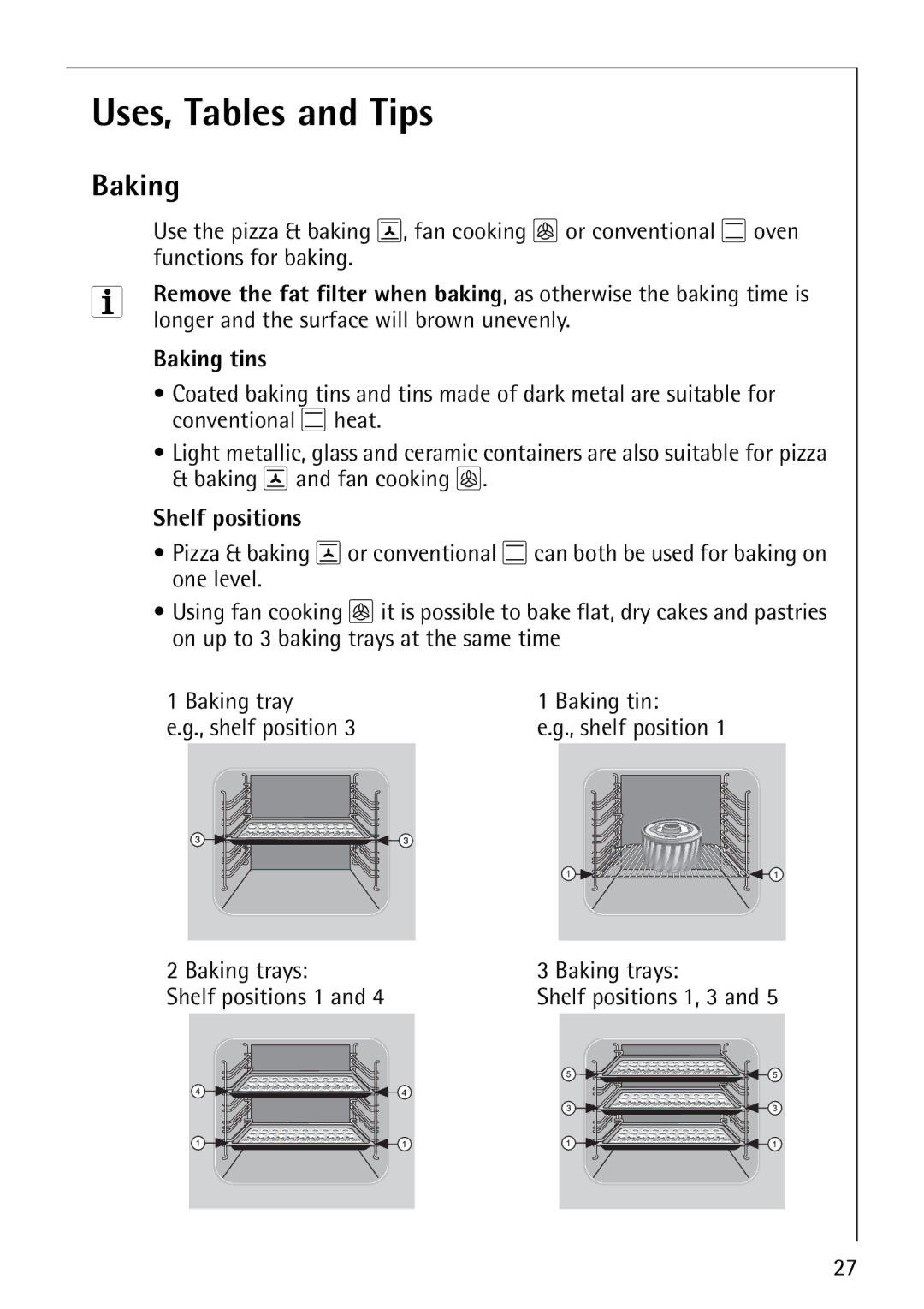 AEG B4130-1 operating instructions Uses, Tables and Tips, Baking tins, Shelf positions 