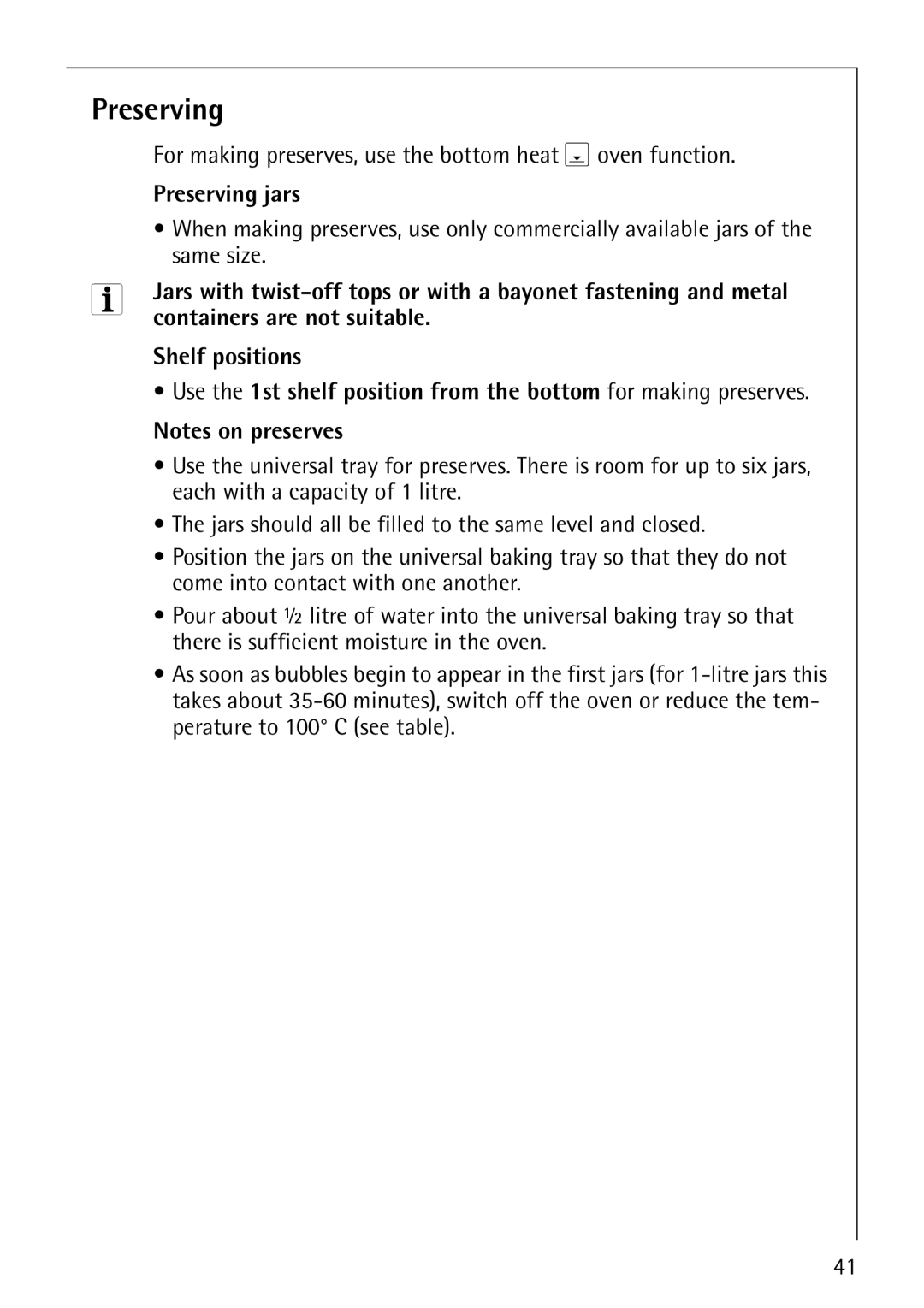 AEG B4130-1 For making preserves, use the bottom heat Ü oven function, Preserving jars, Same size 