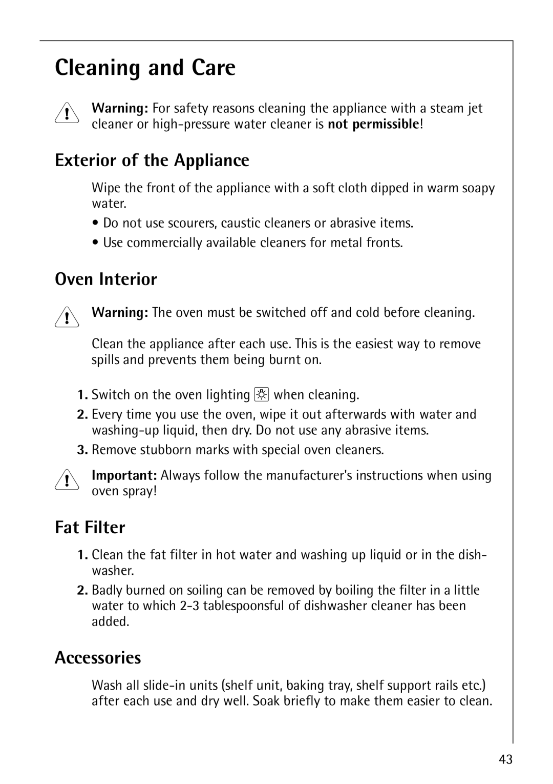 AEG B4130-1 operating instructions Cleaning and Care, Exterior of the Appliance, Oven Interior, Fat Filter, Accessories 