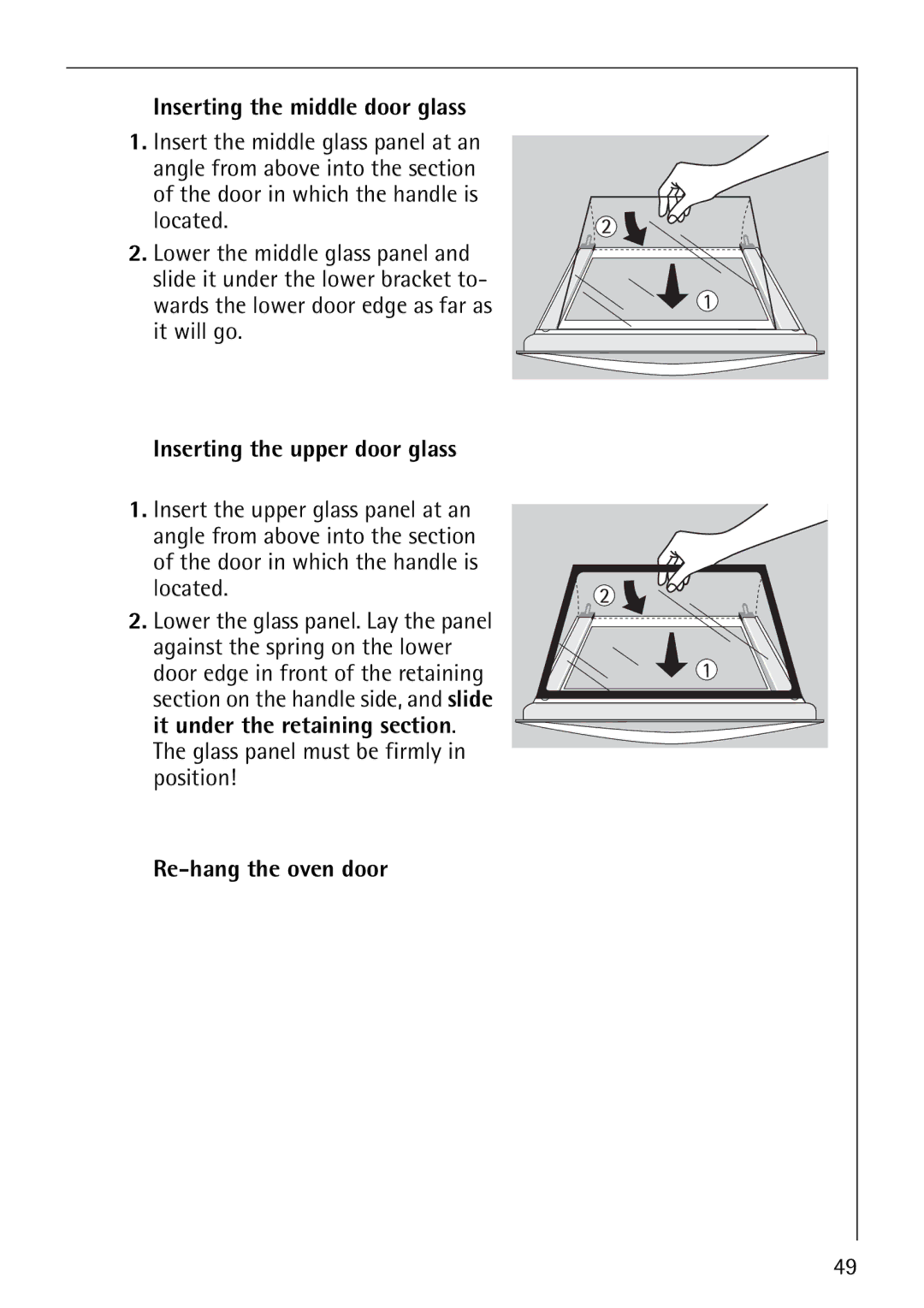 AEG B4130-1 operating instructions Inserting the middle door glass, Inserting the upper door glass, Re-hang the oven door 