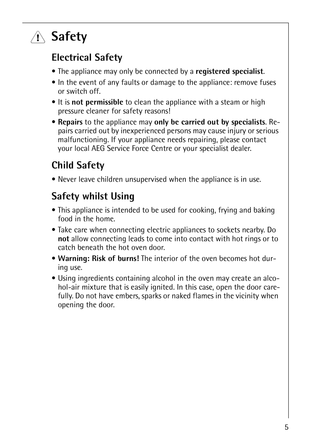 AEG B4130-1 operating instructions Electrical Safety, Child Safety, Safety whilst Using 