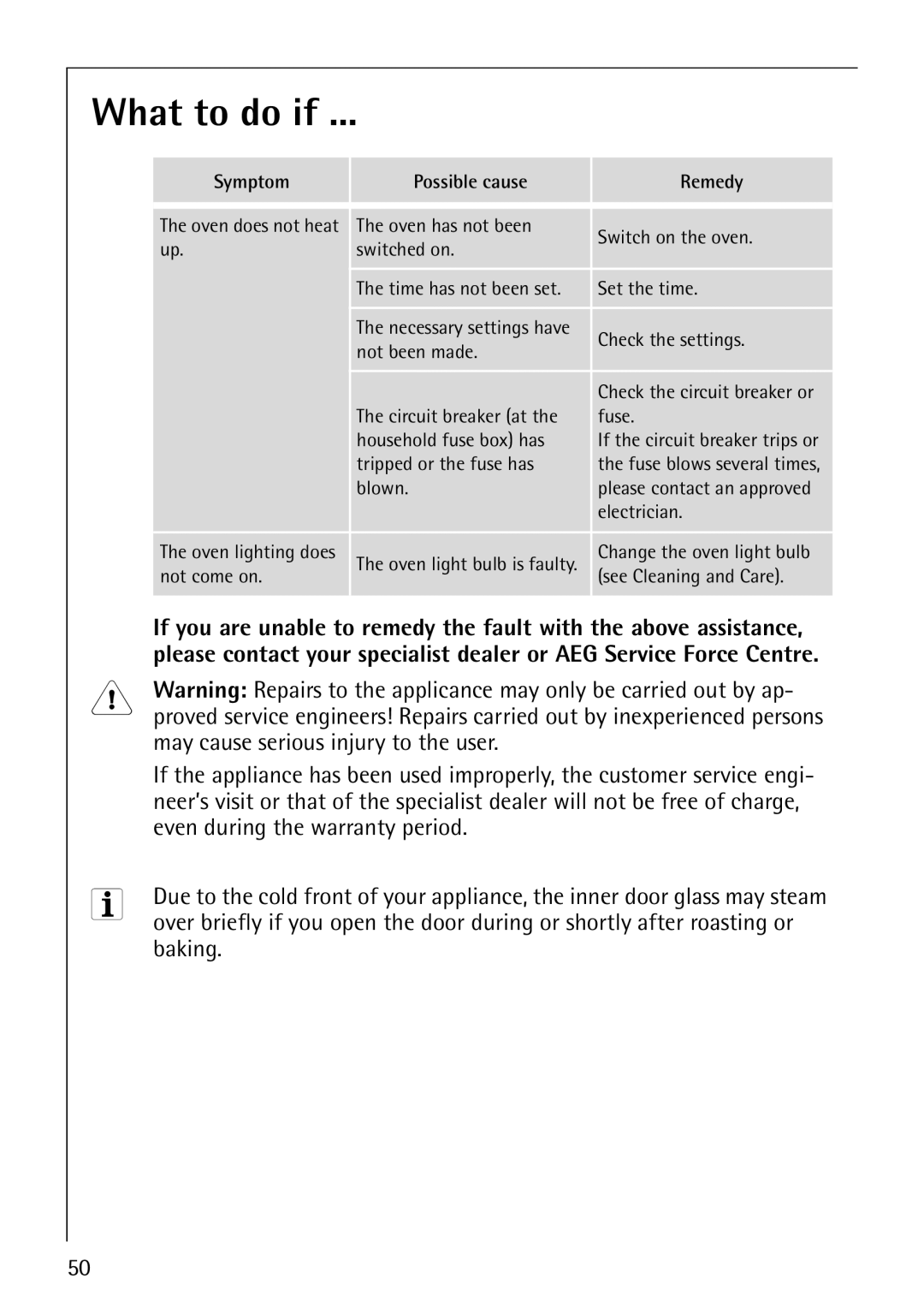 AEG B4130-1 What to do if, May cause serious injury to the user, Even during the warranty period, Baking 