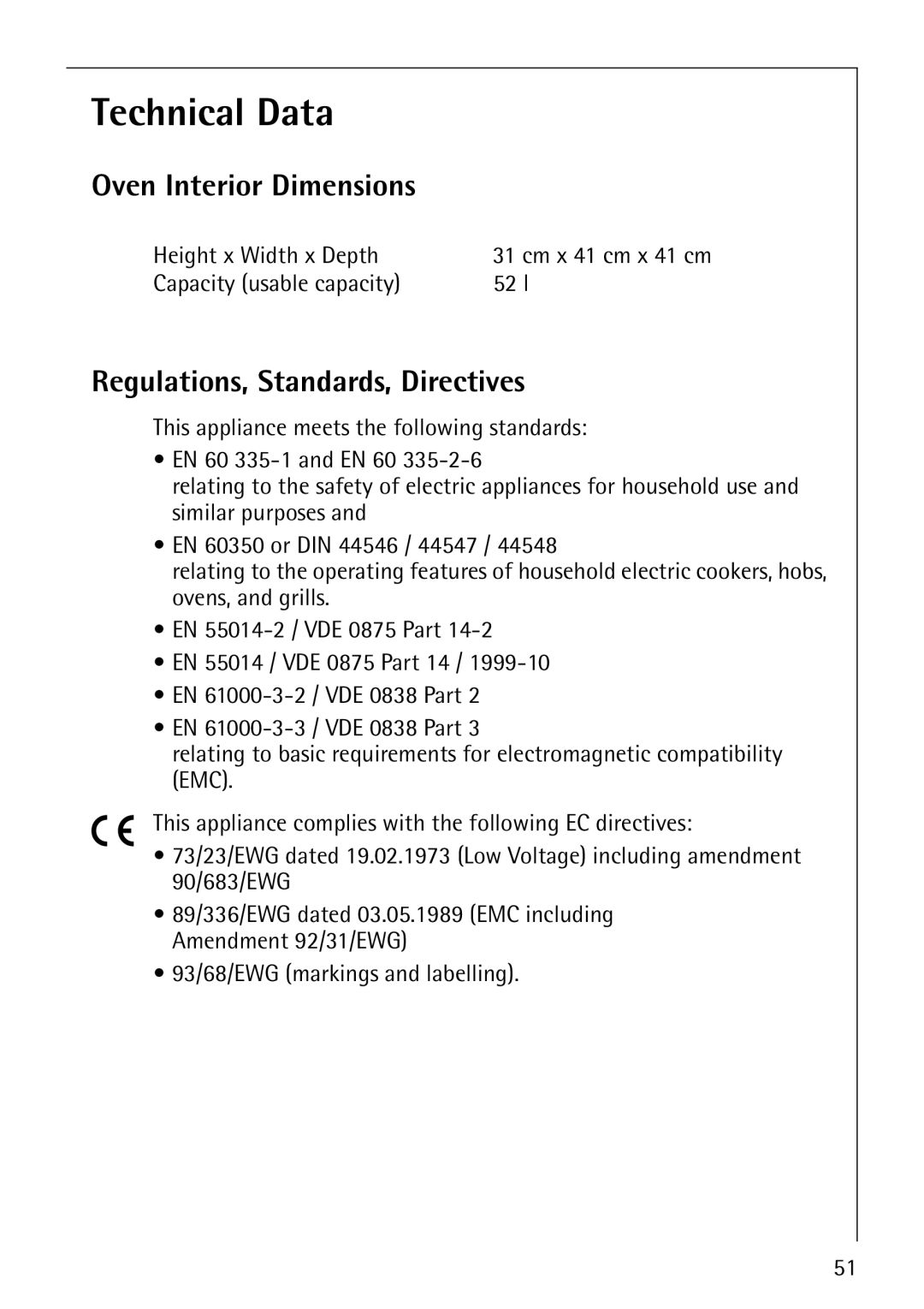 AEG B4130-1 Technical Data, Oven Interior Dimensions, Regulations, Standards, Directives, Height x Width x Depth 