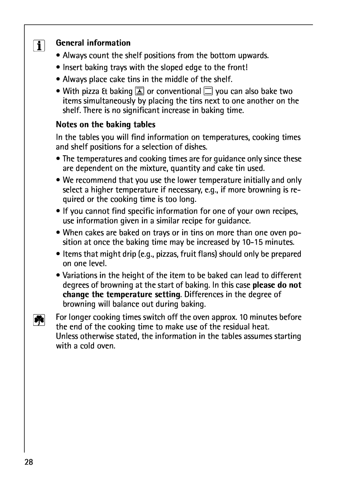 AEG B4130-1 operating instructions Notes on the baking tables, General information 