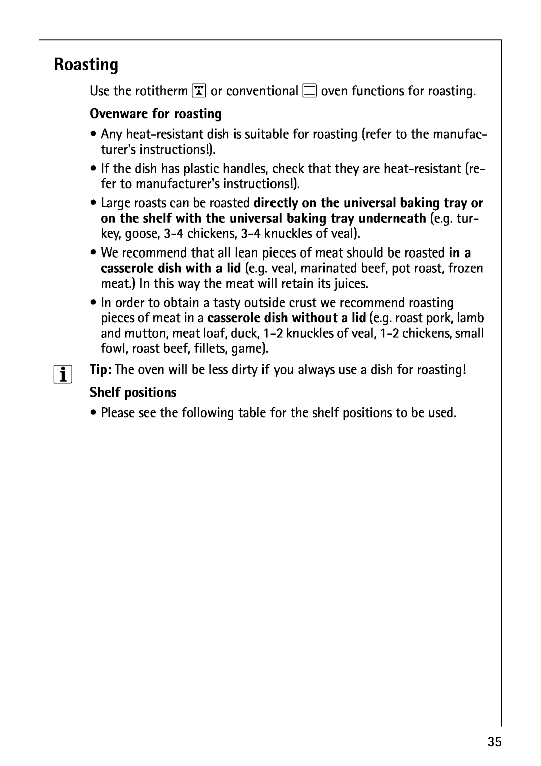AEG B4130-1 operating instructions Roasting, Ovenware for roasting, Shelf positions 