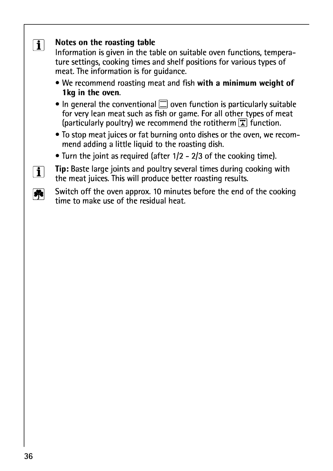 AEG B4130-1 operating instructions Notes on the roasting table, 1kg in the oven 