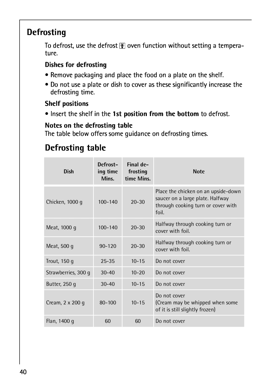 AEG B4130-1 Defrosting table, Dishes for defrosting, Notes on the defrosting table, Shelf positions 