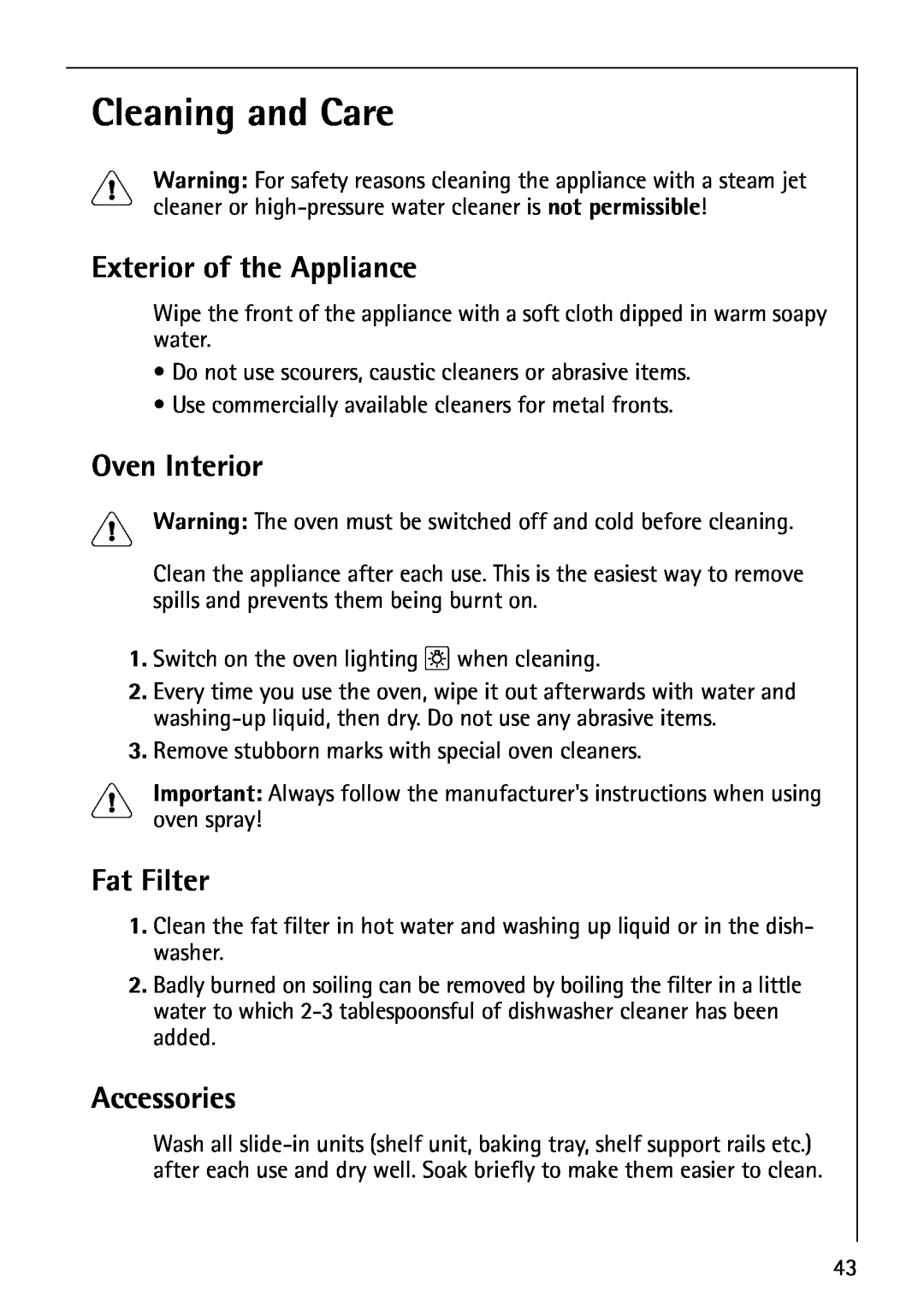 AEG B4130-1 operating instructions Cleaning and Care, Exterior of the Appliance, Oven Interior, Fat Filter, Accessories 