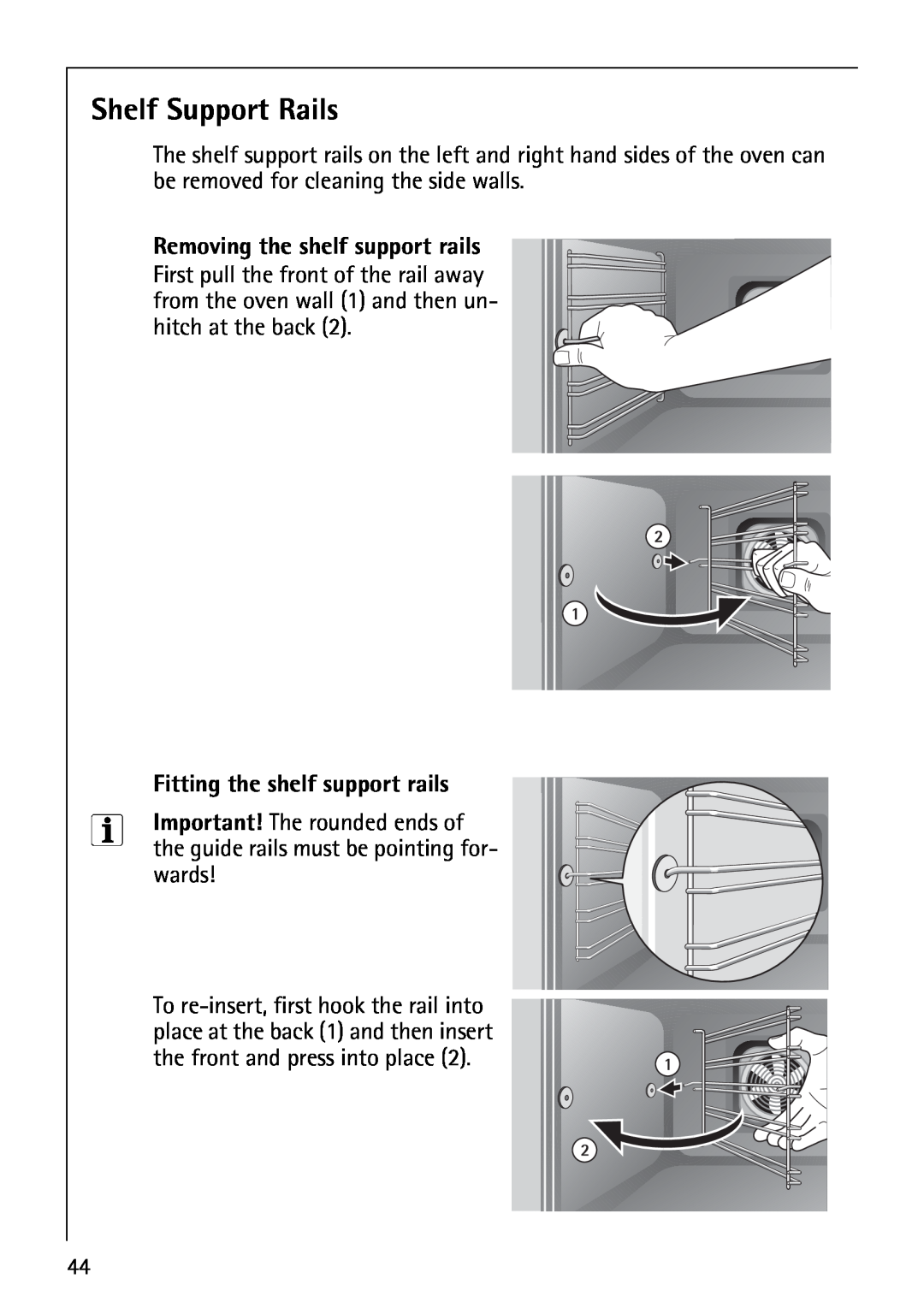 AEG B4130-1 operating instructions Shelf Support Rails, Removing the shelf support rails, Fitting the shelf support rails 