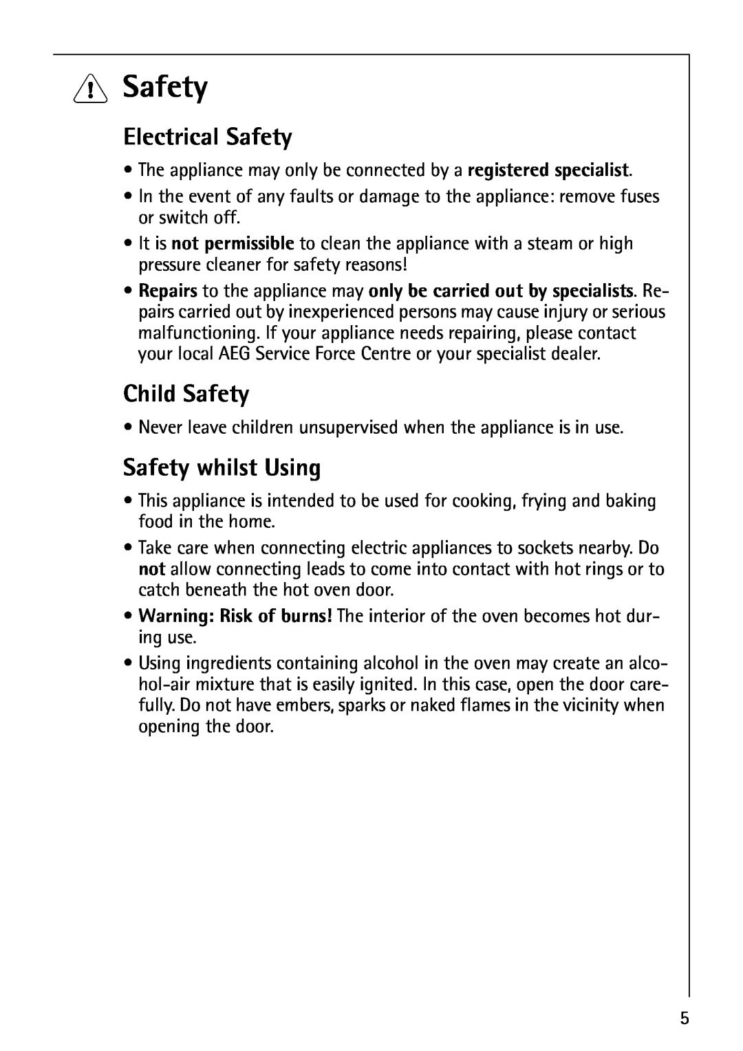 AEG B4130-1 operating instructions 1Safety, Electrical Safety, Child Safety, Safety whilst Using 