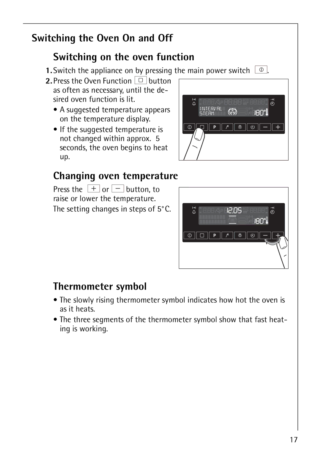 AEG B8920-1 manual Changing oven temperature, Thermometer symbol 