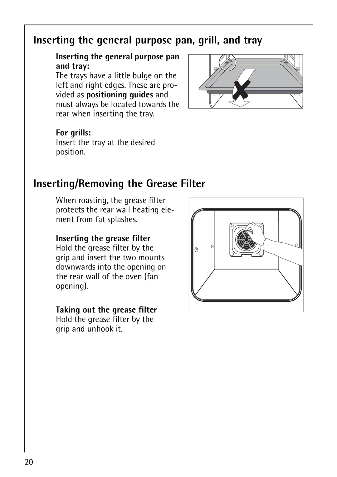 AEG B8920-1 manual Inserting the general purpose pan, grill, and tray, Inserting/Removing the Grease Filter, For grills 