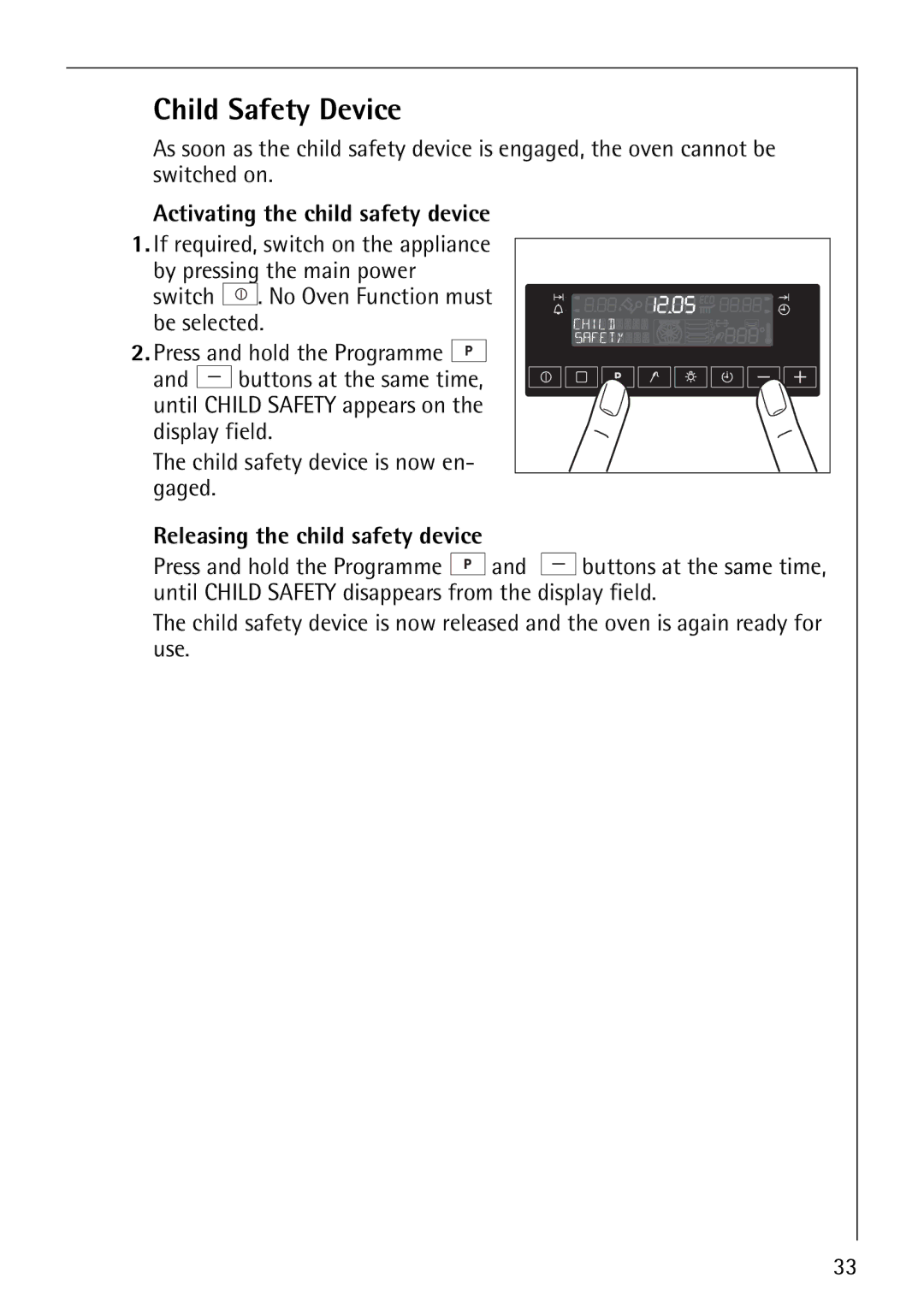 AEG B8920-1 manual Child Safety Device, Activating the child safety device, Releasing the child safety device 