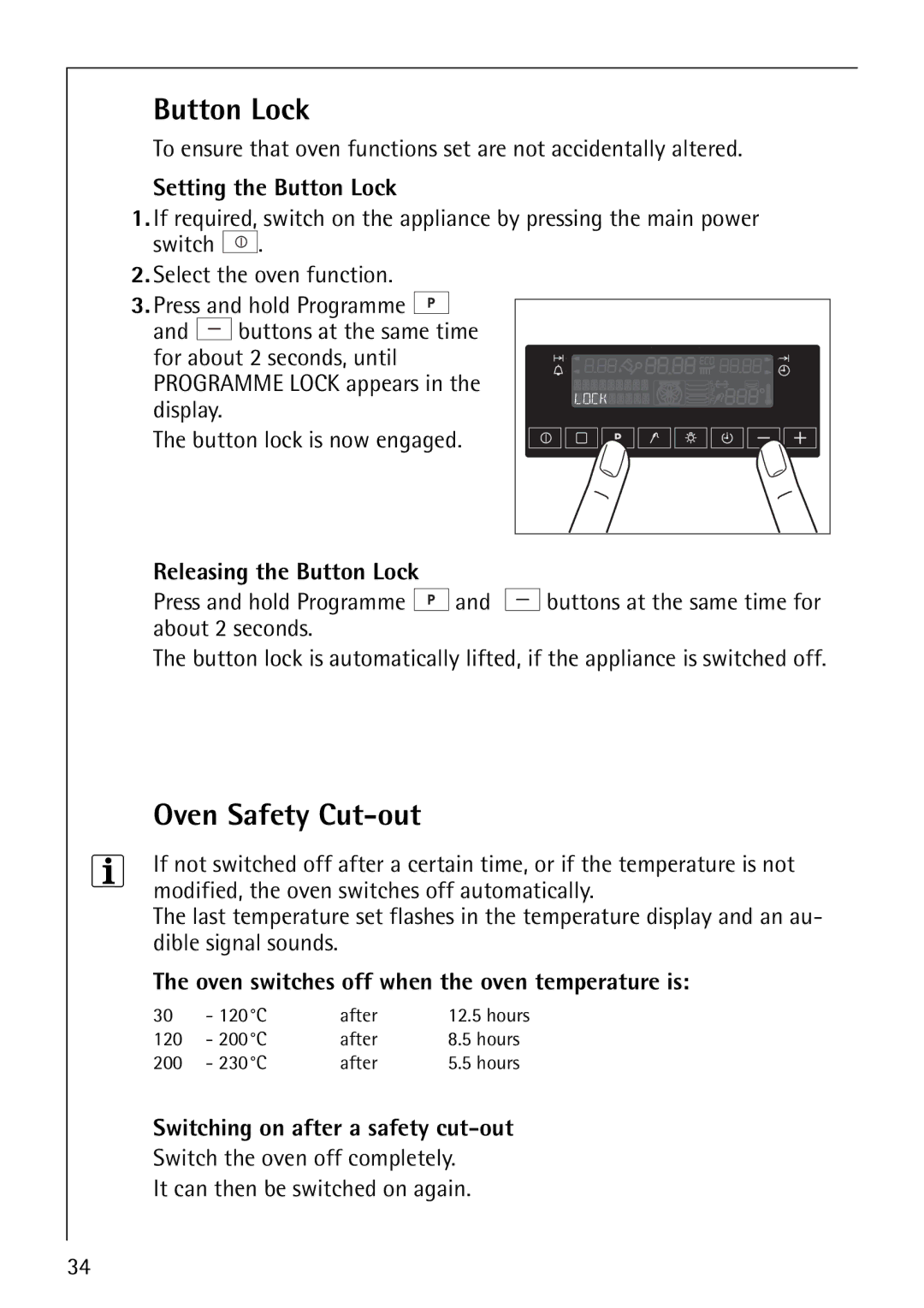 AEG B8920-1 manual Button Lock, Oven Safety Cut-out 