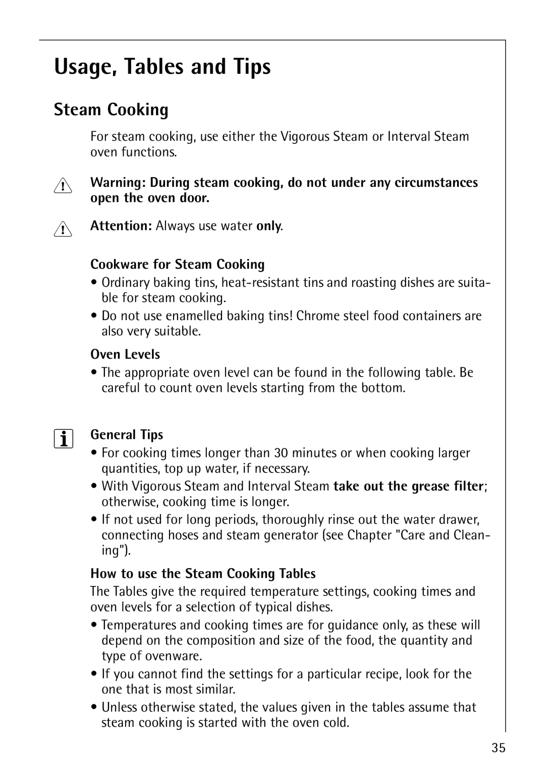 AEG B8920-1 manual Usage, Tables and Tips, Steam Cooking 