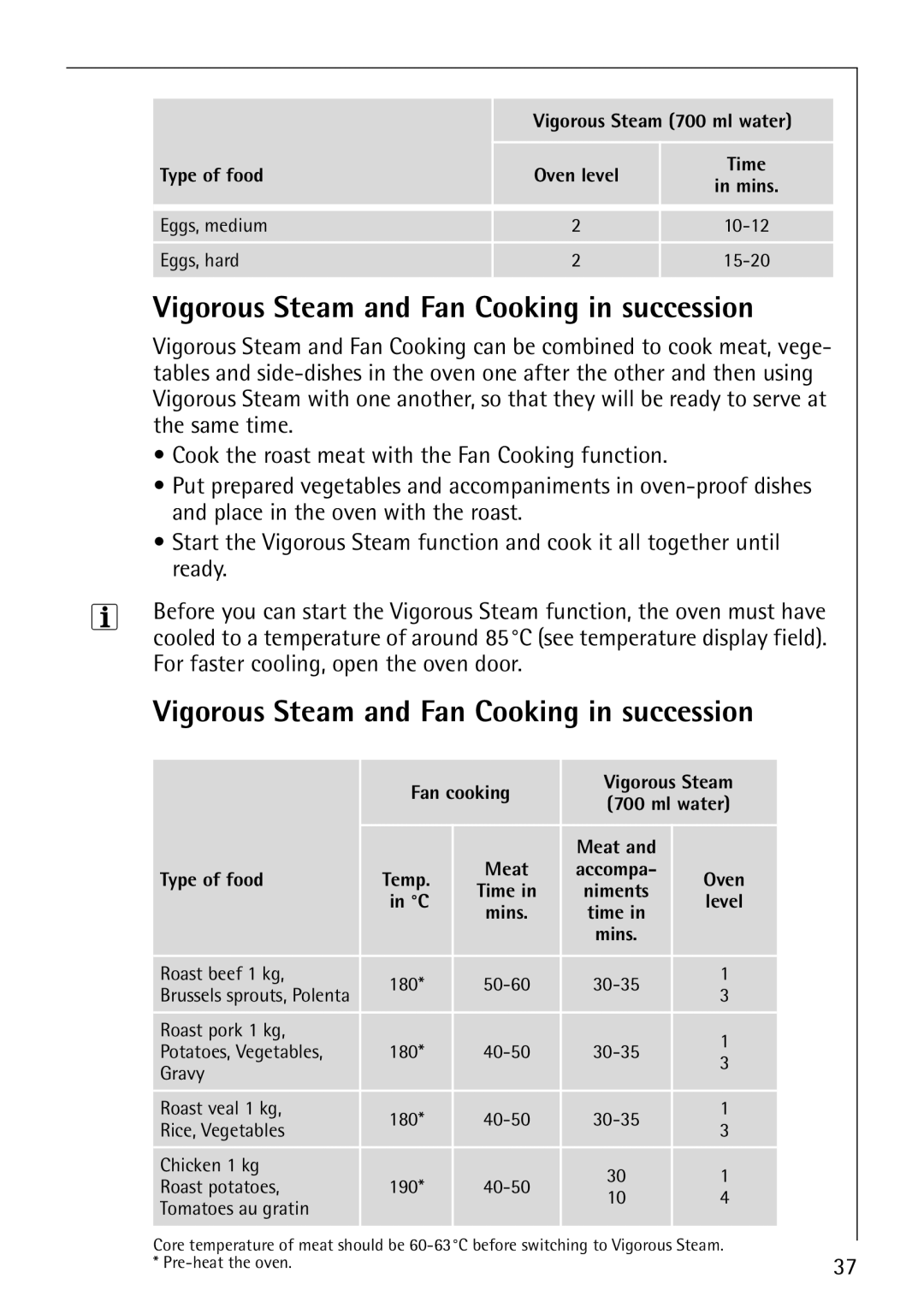 AEG B8920-1 manual Vigorous Steam and Fan Cooking in succession, Type of food, Fan cooking Vigorous Steam Ml water 