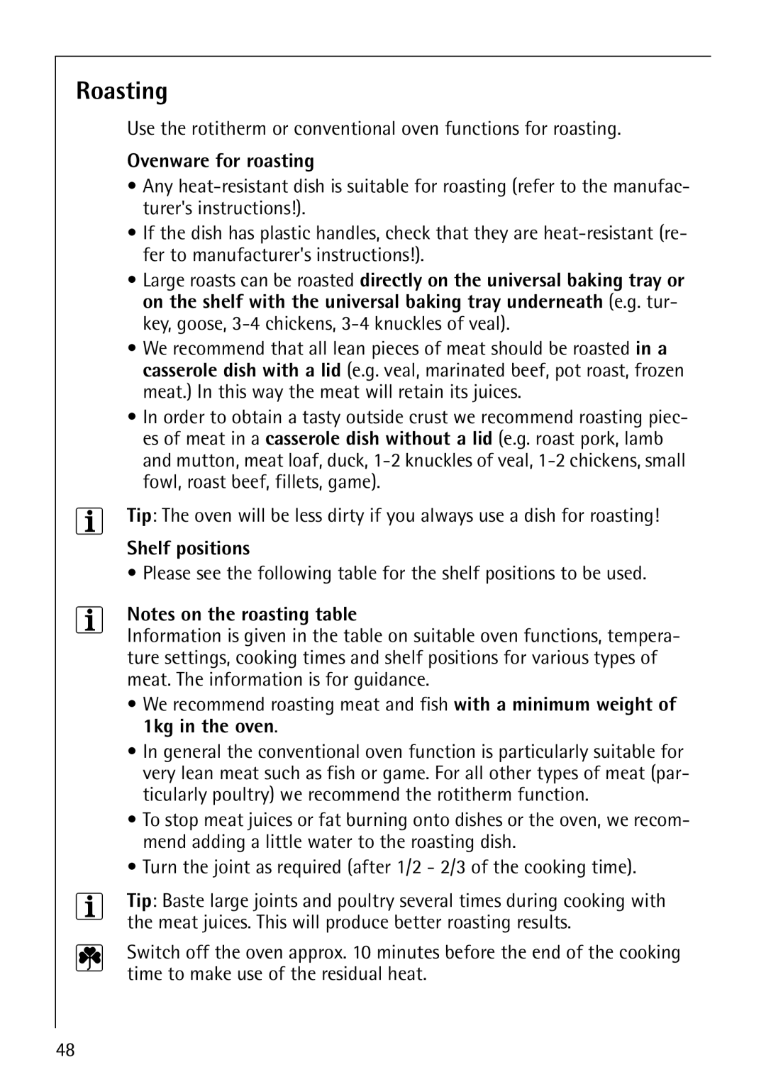 AEG B8920-1 manual Roasting, Ovenware for roasting, Shelf positions 