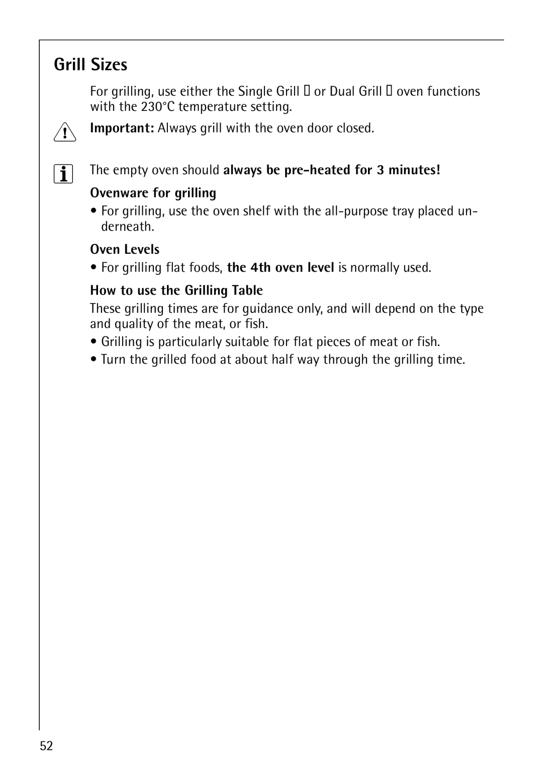 AEG B8920-1 manual Grill Sizes, How to use the Grilling Table 