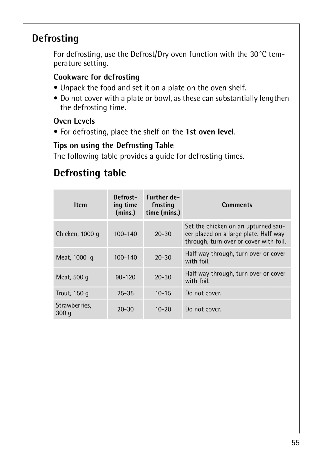 AEG B8920-1 Defrosting table, Cookware for defrosting, Tips on using the Defrosting Table, Defrost Further de Comments 