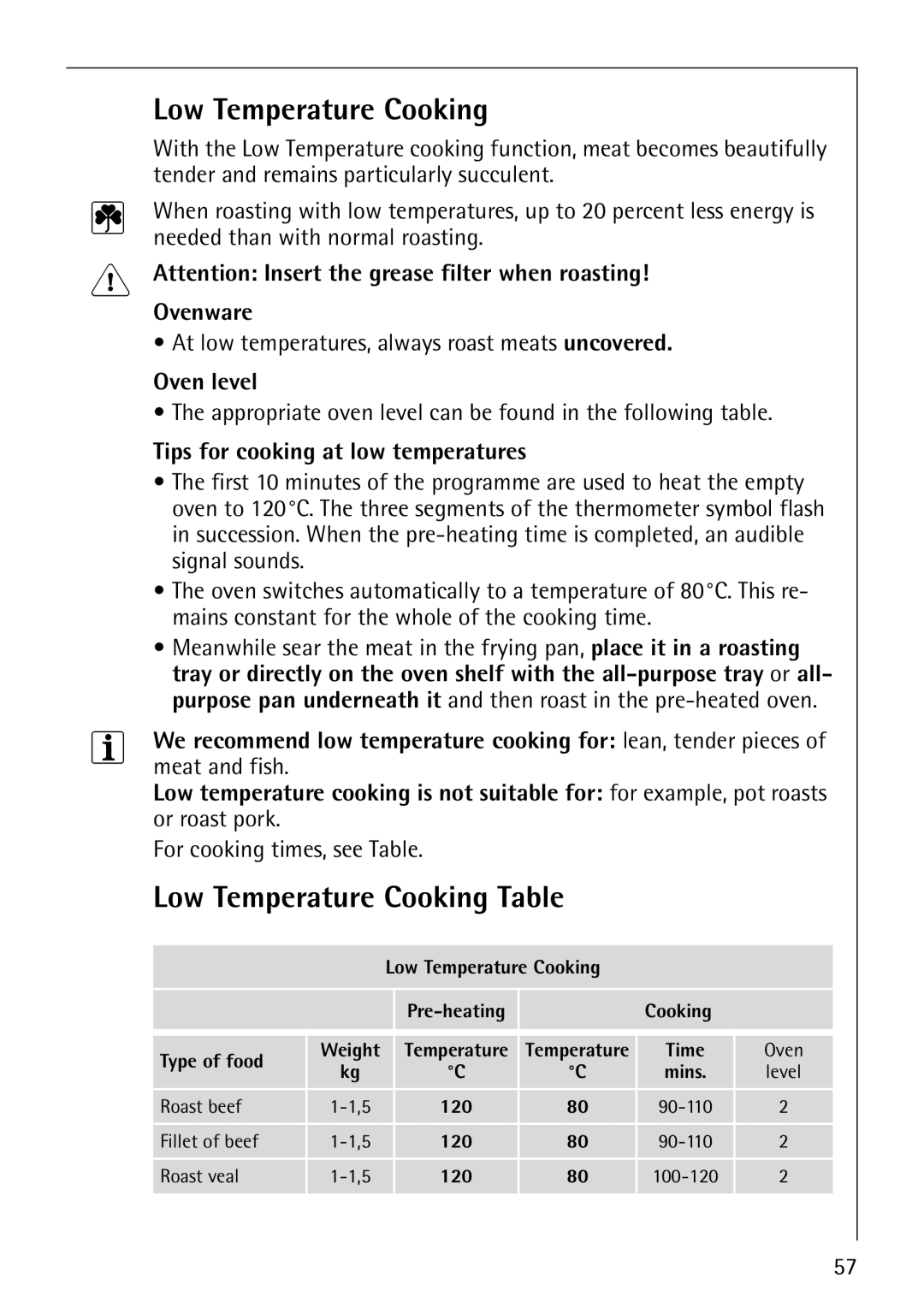 AEG B8920-1 manual Low Temperature Cooking Table, Tips for cooking at low temperatures 