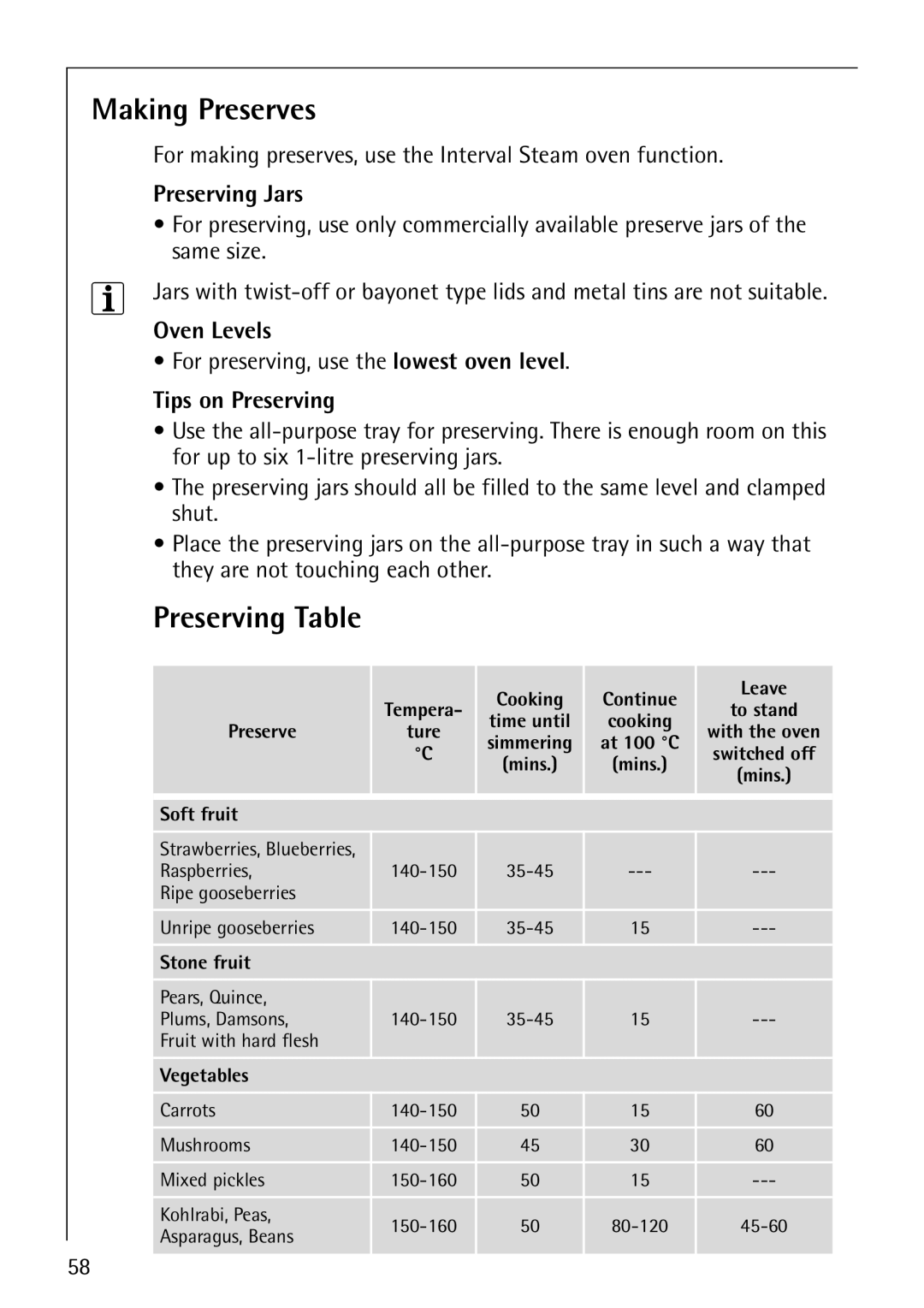 AEG B8920-1 manual Making Preserves, Preserving Table, Preserving Jars, Tips on Preserving 