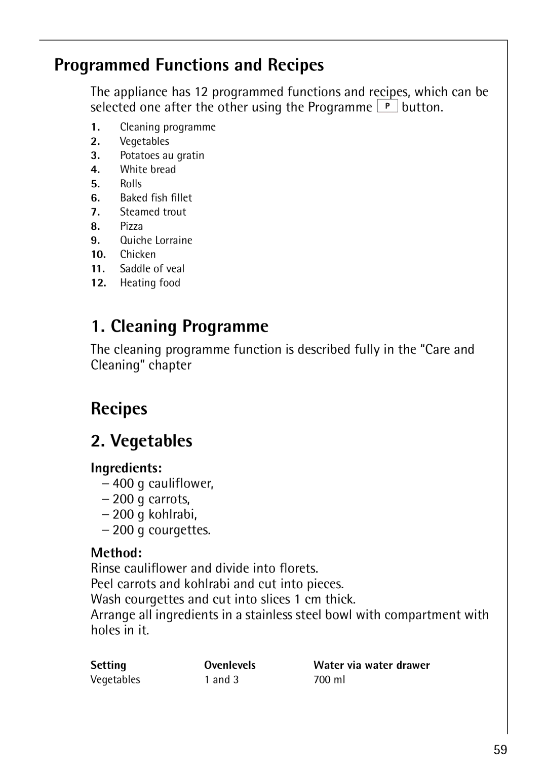 AEG B8920-1 manual Programmed Functions and Recipes, Cleaning Programme, Recipes Vegetables, Ingredients, Method 