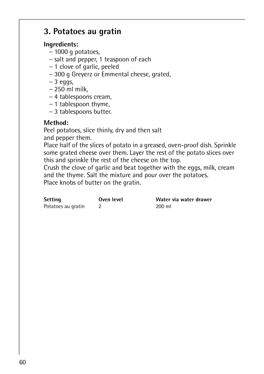 AEG B8920-1 manual Potatoes au gratin, Setting Oven level 