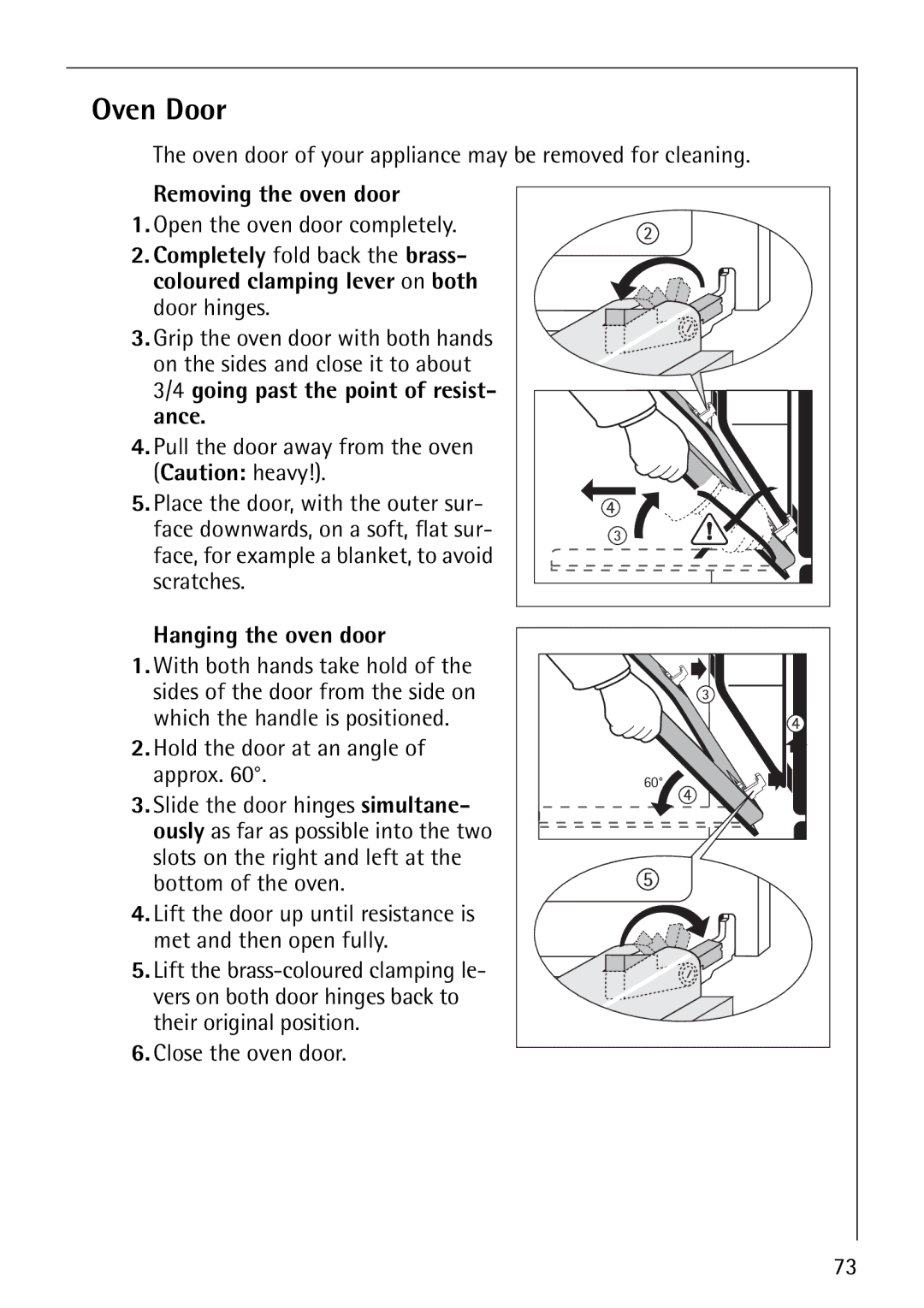 AEG B8920-1 manual Oven Door, Removing the oven door, Hanging the oven door 