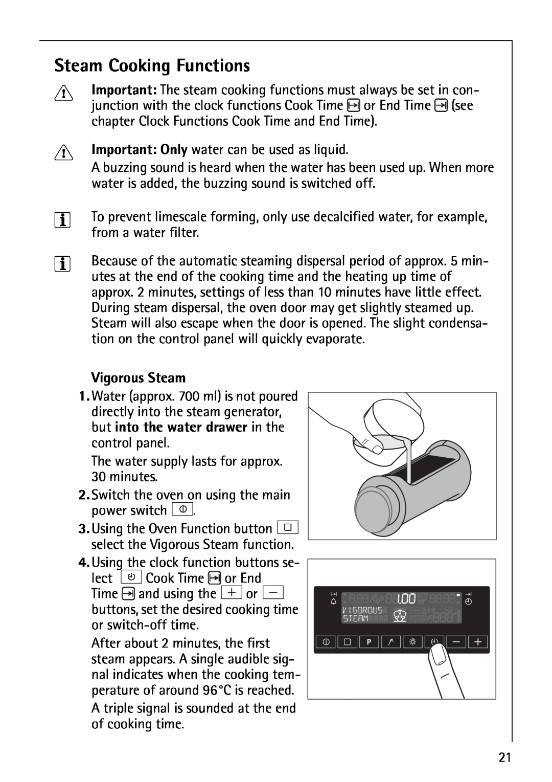 AEG B8920-1 manual Steam Cooking Functions, Vigorous Steam 